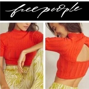 Free People Bright Orange Short-Sleeve Crew Sweater